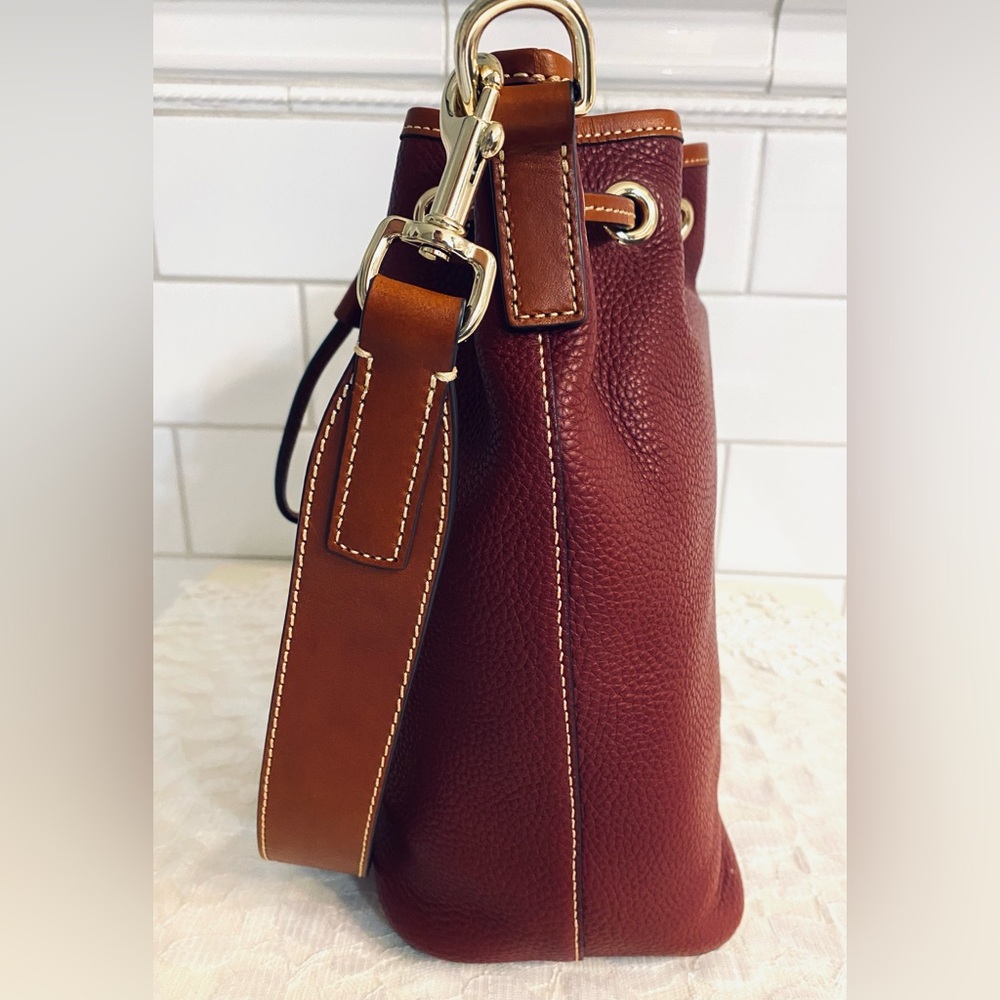 Dooney & Bourke Burgundy Pebbled Leather Drawstring Shoulder Bag with Tan Trim - Picture 6 of 16